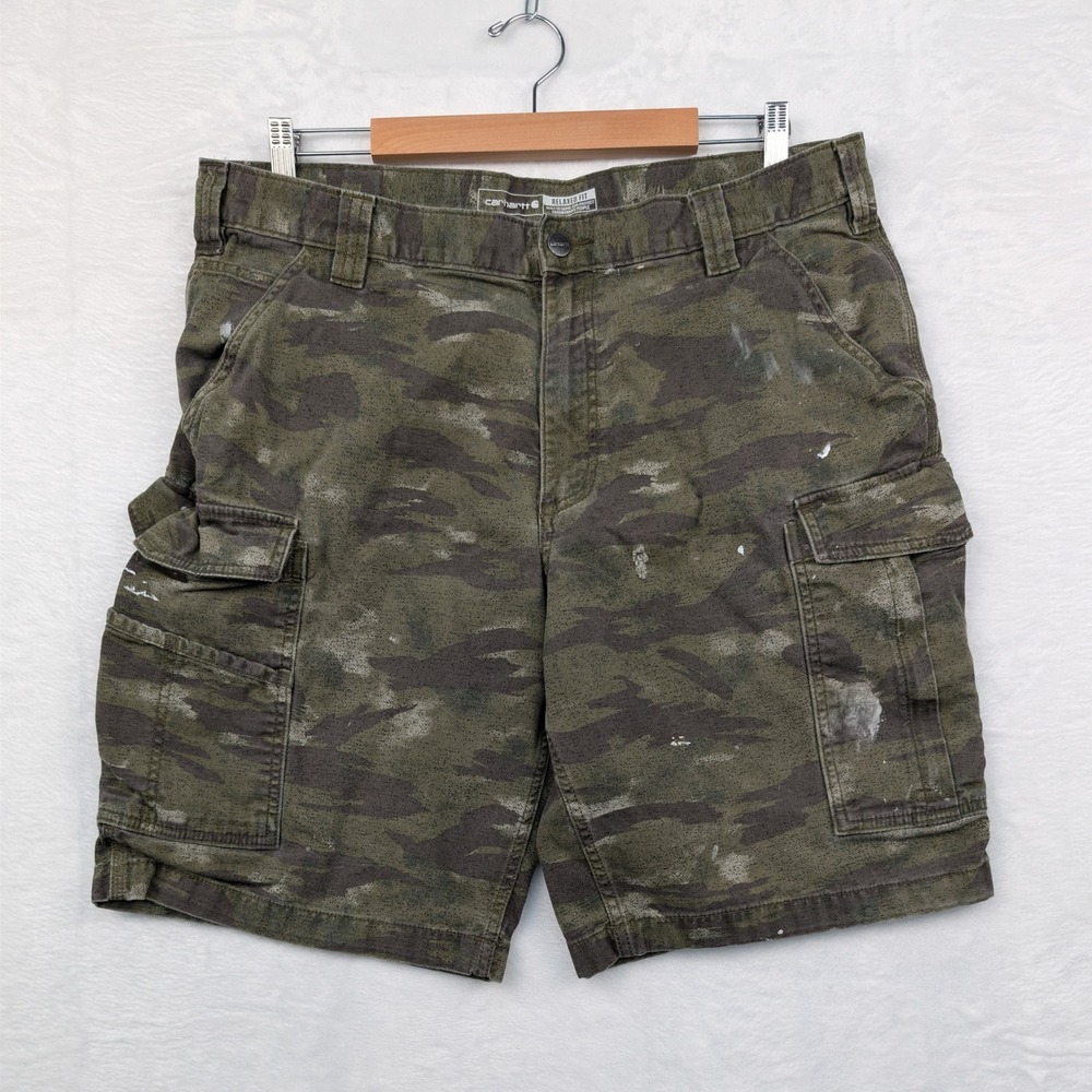 Carhartt Cargo Shorts Men 38 Green Tiger Camo Rugged Flex Workwear Distressed